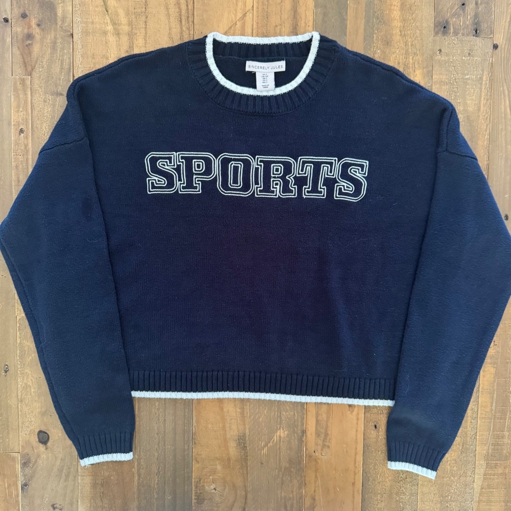 Sincerely Jules Women Navy Blue Sports Graphic Cropped Knit Sweater Small